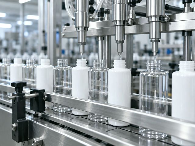 Linha de envase de cosmeticos com frascos sem rotulo